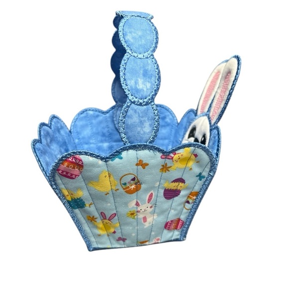 Hand Crafted Easter Basket Bunny with Handle Rabbit Embroidered Blue Kids Toy - Picture 4 of 17